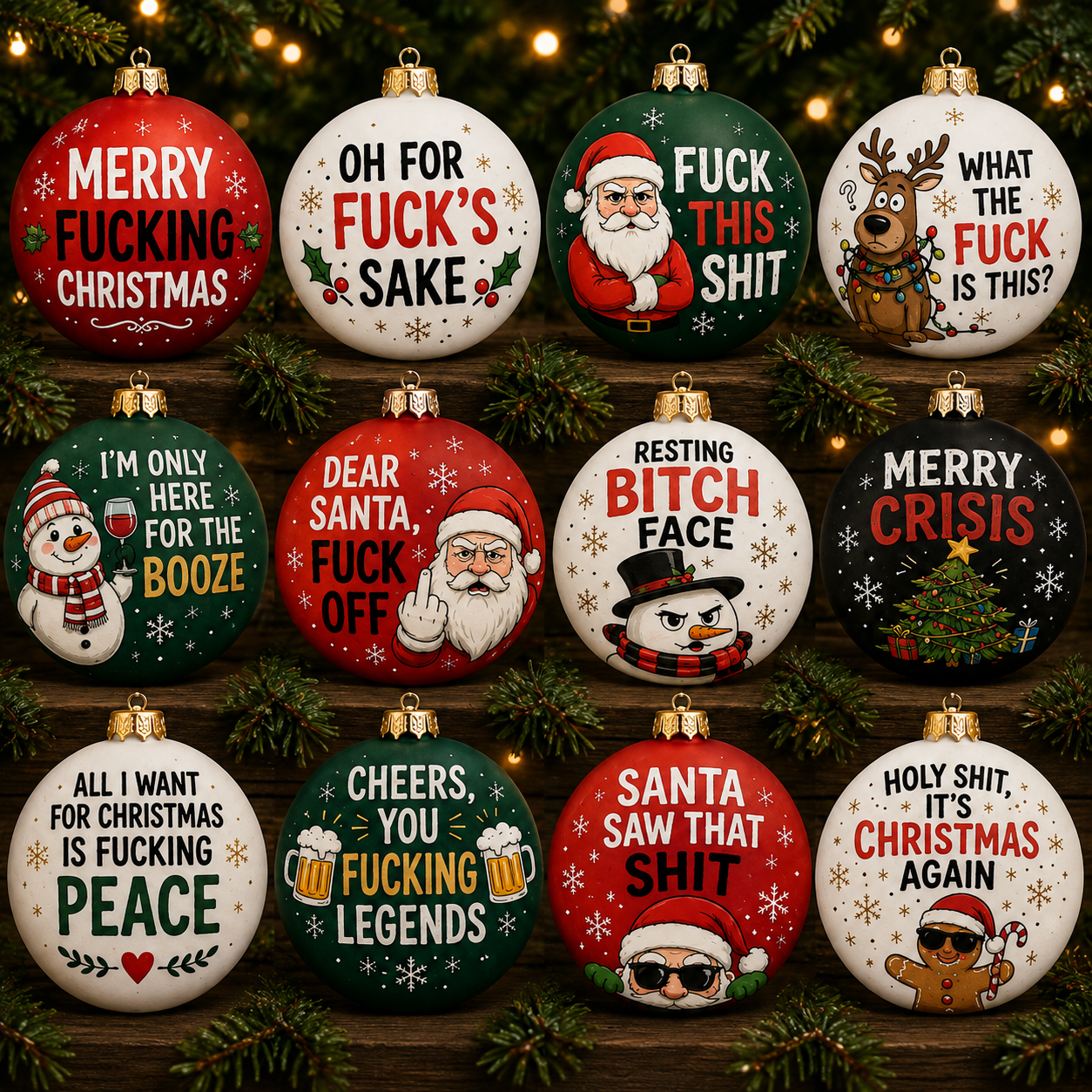 TYIIMAX™ Naughty Christmas Ornaments – Funny Swear Word Baubles for Adults, Black & Gold Christmas Tree Decorations