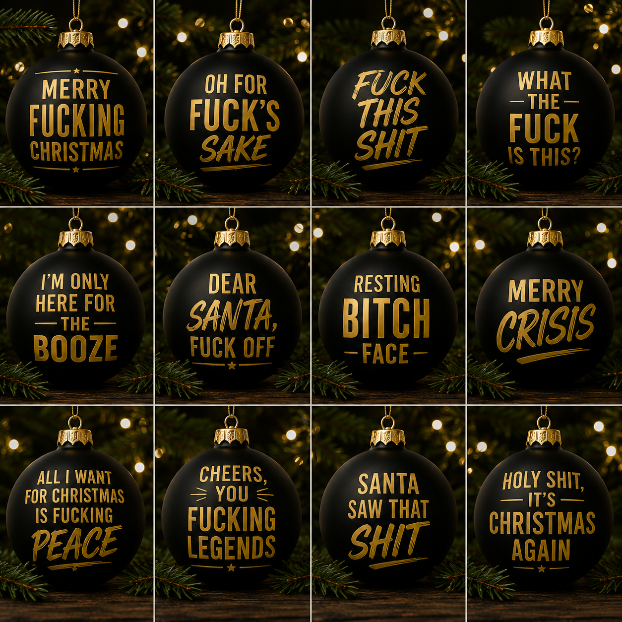 TYIIMAX™ Naughty Christmas Ornaments – Funny Swear Word Baubles for Adults, Black & Gold Christmas Tree Decorations