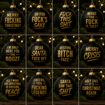 TYIIMAX™ Naughty Christmas Ornaments – Funny Swear Word Baubles for Adults, Black & Gold Christmas Tree Decorations
