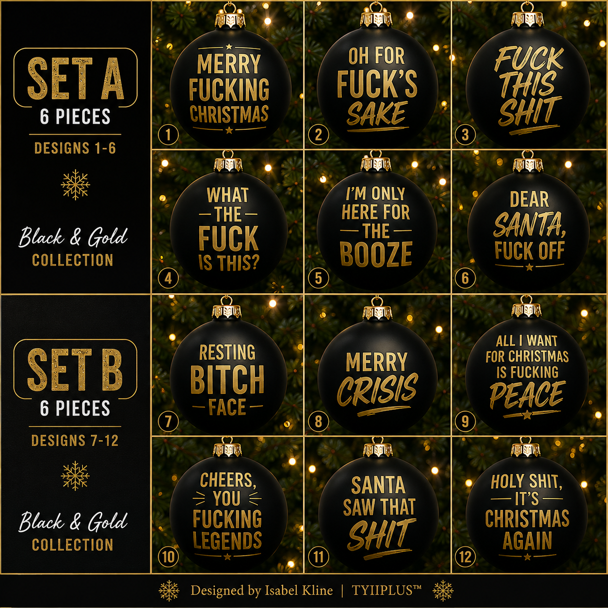 TYIIMAX™ Naughty Christmas Ornaments – Funny Swear Word Baubles for Adults, Black & Gold Christmas Tree Decorations