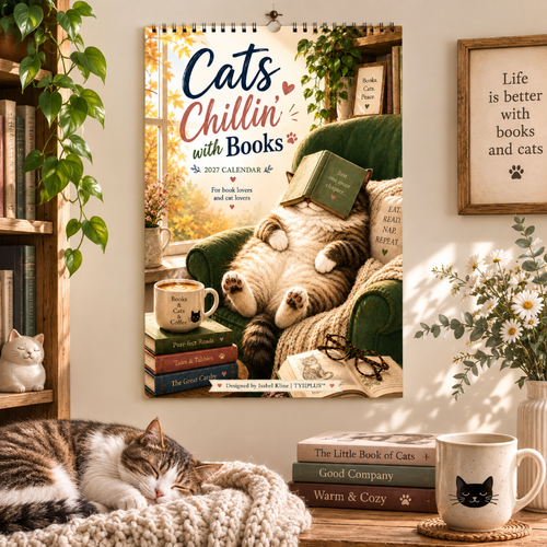Cats Chillin' with Books™ 2027 Wall Calendar | A4 Cozy Cat & Book Lover Calendar | Designed by Isabel Kline | TYIIPLUS™