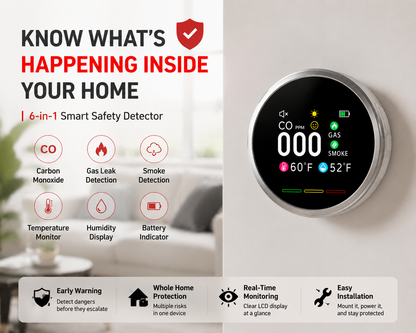 🔥Free Shipping - Smart 6-in-1 Gas Detector – CO Smoke & Gas Leak Alarm With LCD Display