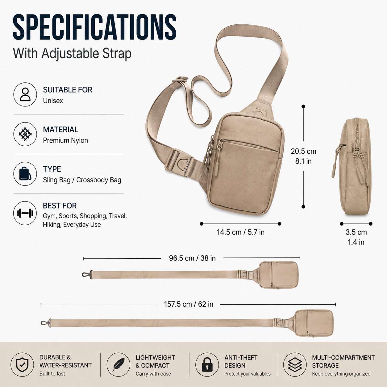 TYIIMAX™ Anti-Theft Everyday Sling Bag – Lightweight Crossbody Travel Pack