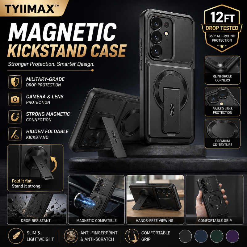 TYIIMAX™ Magnetic Kickstand Phone Case for S Series – Shockproof Slim Case with Camera Lens Protection & Hidden Stand