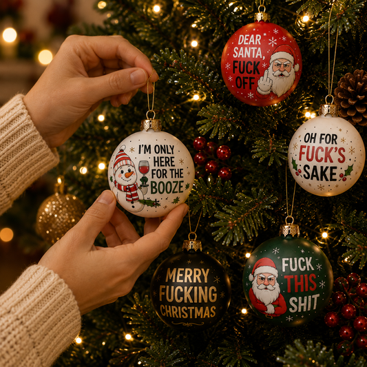 TYIIMAX™ Naughty Christmas Ornaments – Funny Swear Word Baubles for Adults, Black & Gold Christmas Tree Decorations