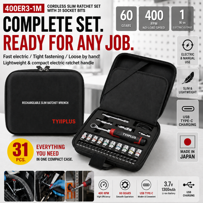 Cordless Electric Slim Ratchet Set | 400 RPM 31-Bit Tool Kit