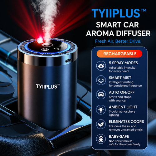 TYIIPLUS™ Smart Car Air Freshener Diffuser with Star Light - Rechargeable Aroma Diffuser, 5 Spray Modes & LED Ambient Lighting