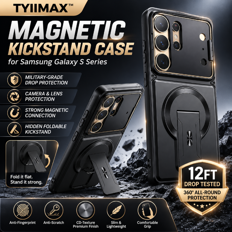 TYIIMAX™ Magnetic Kickstand Phone Case for Samsung Galaxy S Series – Shockproof Slim Case with Camera Lens Protection & Hidden Stand