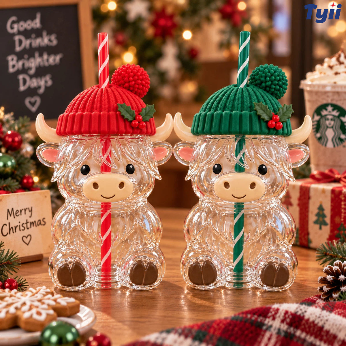 ❤️TYIIMAX™ Highland Cow Christmas Glass Cup with Straw – Cute Holiday Tumbler Gift