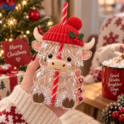 ❤️TYIIMAX™ Highland Cow Christmas Glass Cup with Straw – Cute Holiday Tumbler Gift