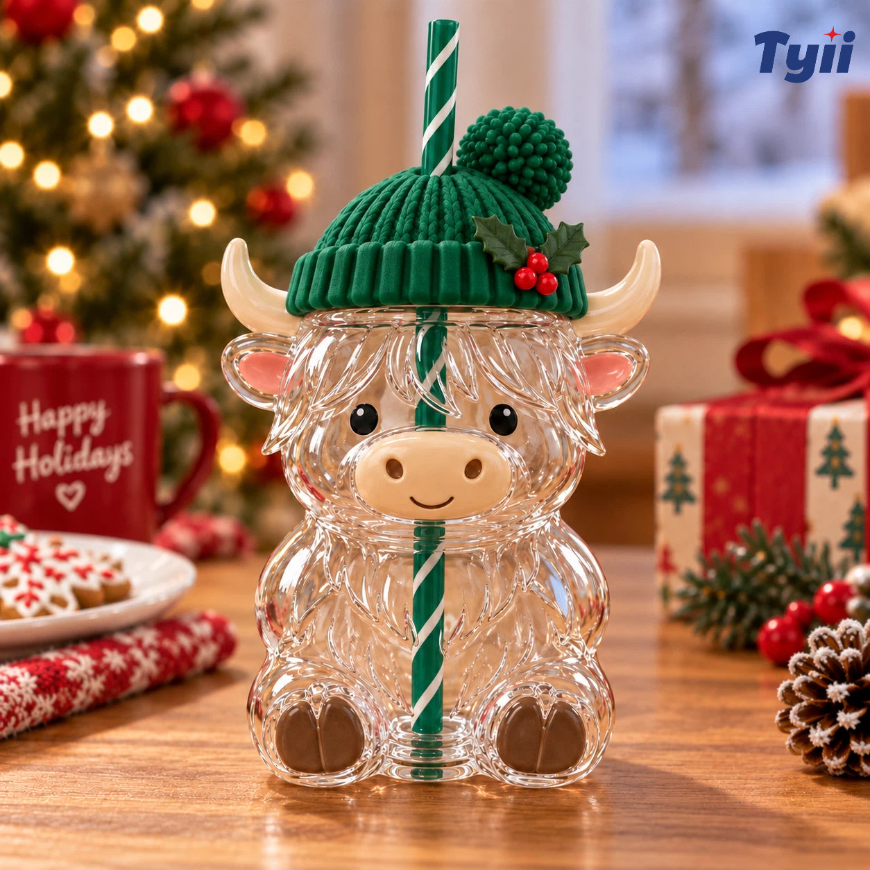 ❤️TYIIMAX™ Highland Cow Christmas Glass Cup with Straw – Cute Holiday Tumbler Gift