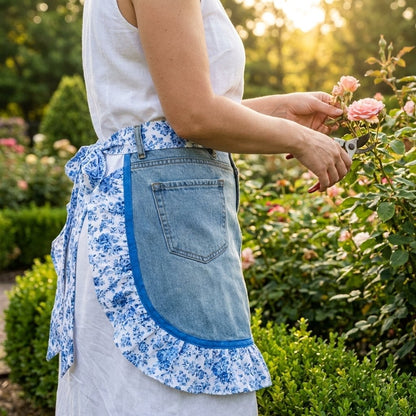 👖Denim Ruffle Apron – Upcycled from Vintage Jeans, Floral Lace Trim – Sustainable Gift for Garden & Kitchen 🧑‍🌾♻️