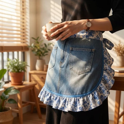 👖Denim Ruffle Apron – Upcycled from Vintage Jeans, Floral Lace Trim – Sustainable Gift for Garden & Kitchen 🧑‍🌾♻️