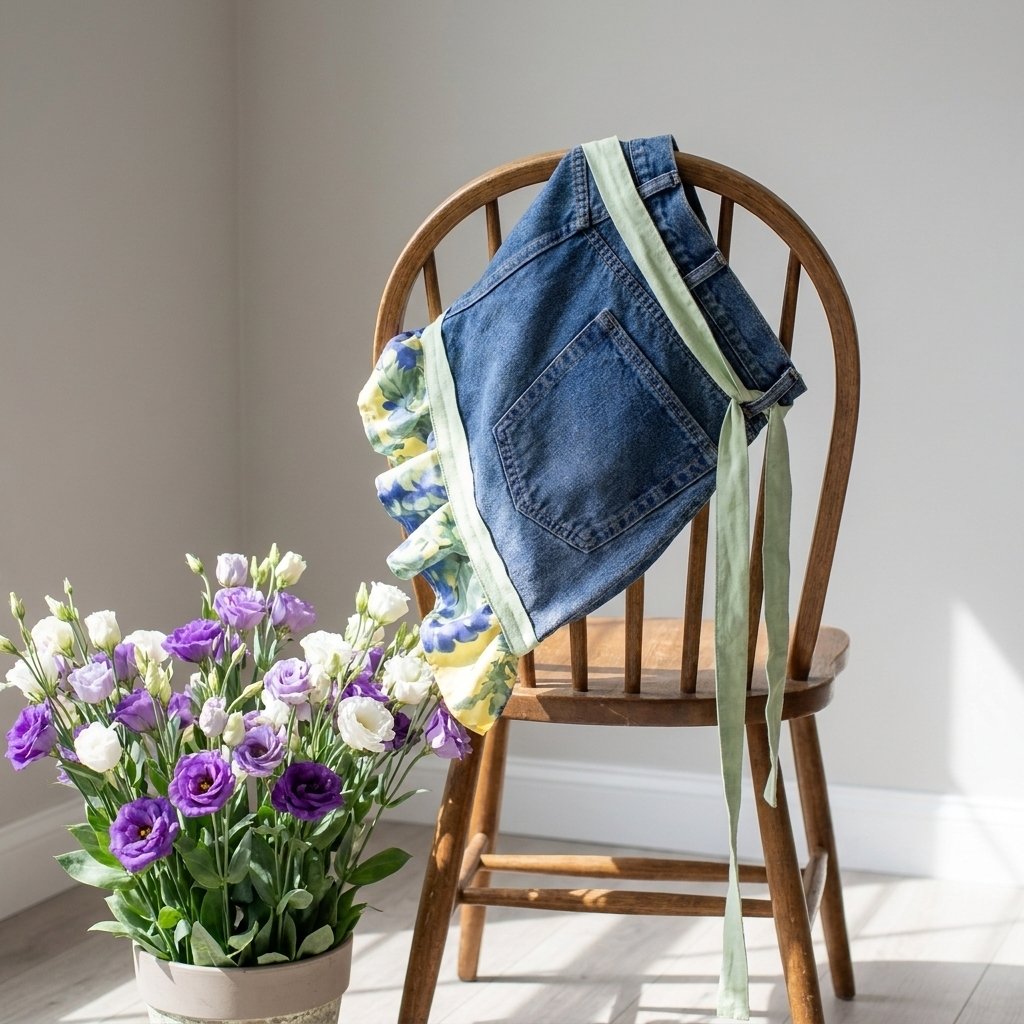 👖Denim Ruffle Apron – Upcycled from Vintage Jeans, Floral Lace Trim – Sustainable Gift for Garden & Kitchen 🧑‍🌾♻️