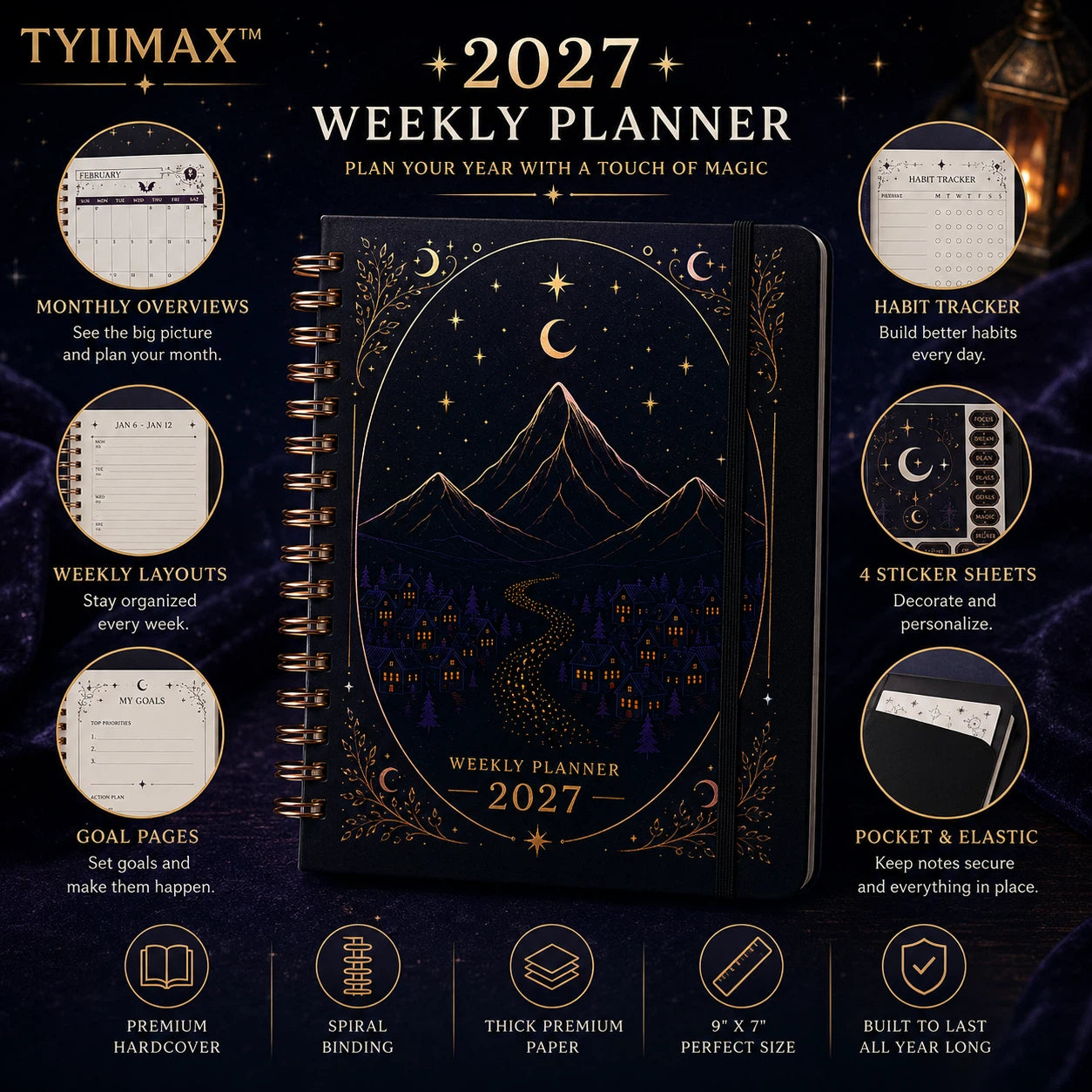 🖤 Fantasy Weekly Planner 2027 – Hardcover Monthly & Weekly Organizer with Stickers, Pocket & Bookmark