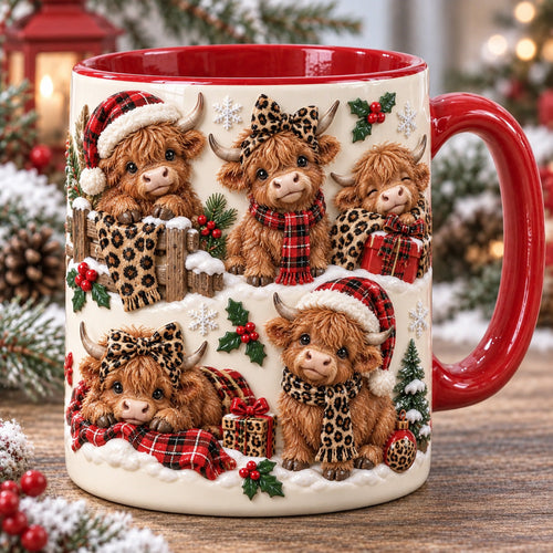 🐮 3D Illusion Adorable Baby Highland Cows Christmas Mug