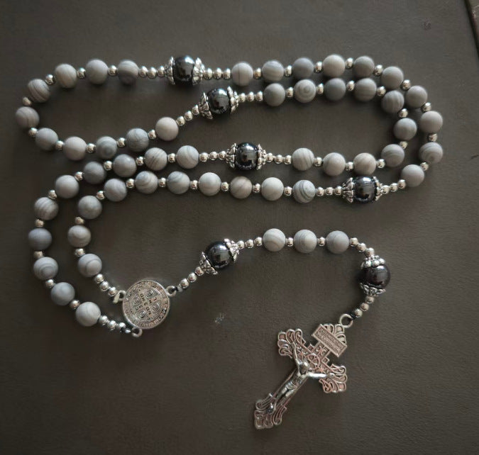 Natural Obsidian Yooperlite Rosary Necklace