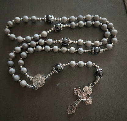 Natural Obsidian Yooperlite Rosary Necklace