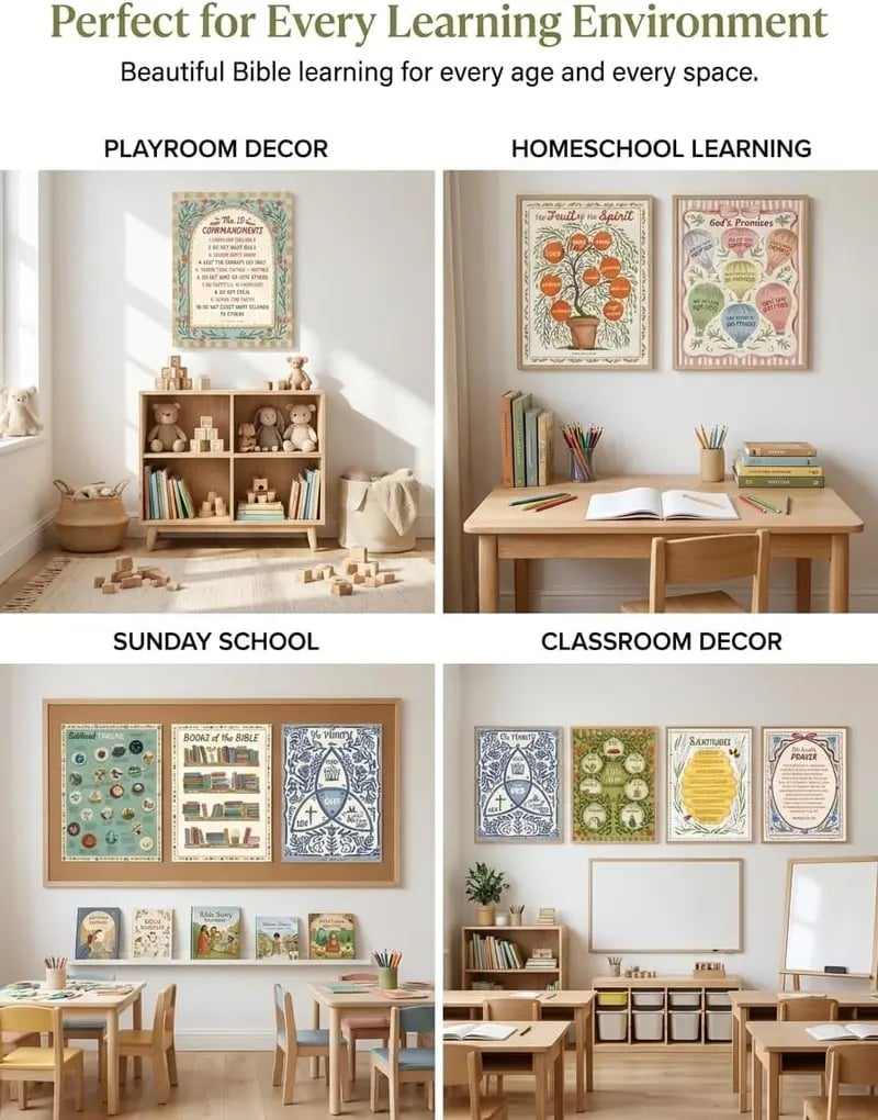 Bible Posters for Kids Classroom Set – 15 Christian Learning Posters