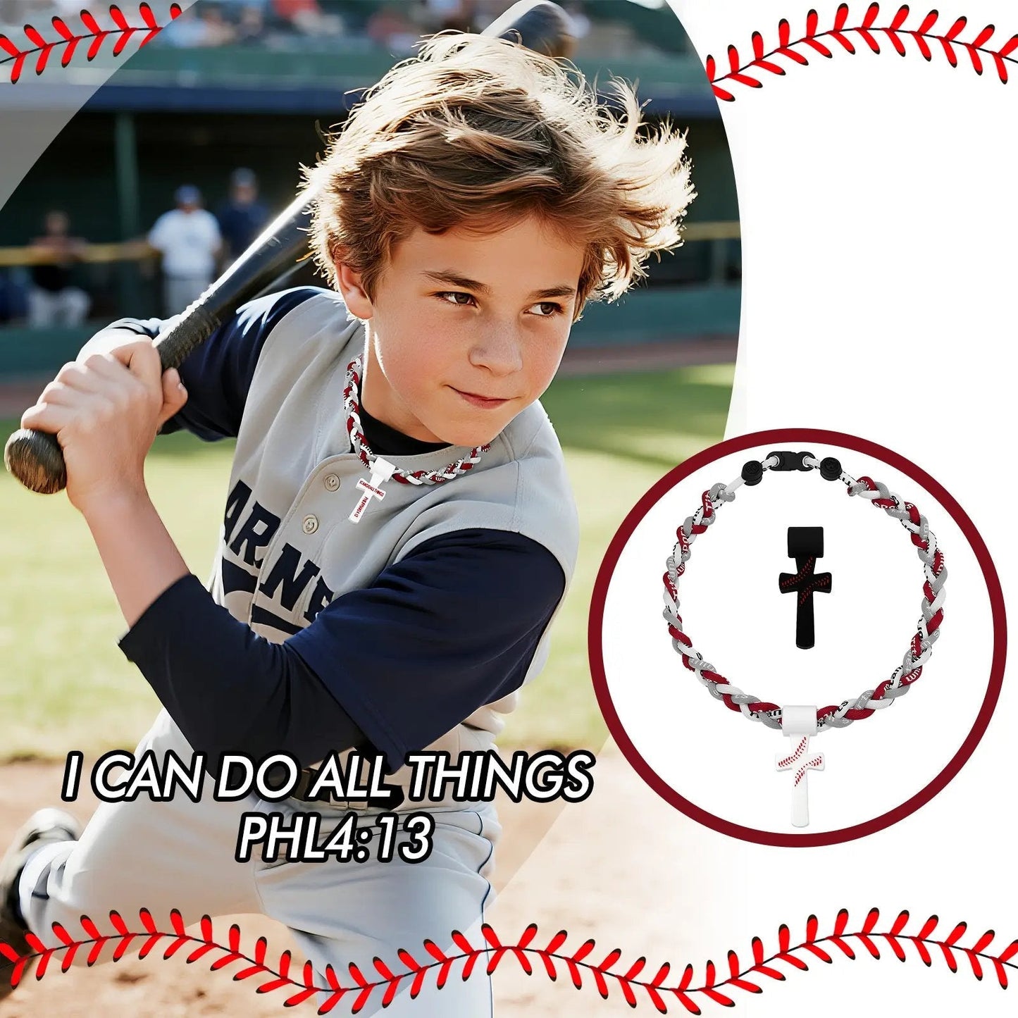 ✝️⚾Triple-Rope Tornado Baseball Necklace – Cross Charm Pendant with "I CAN DO ALL THINGS PHL4:13"