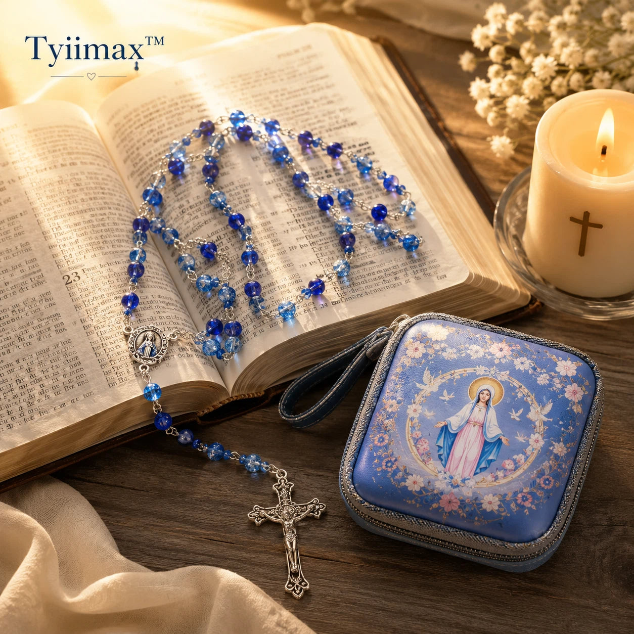 TYIIMAX™ Ocean Blue Crystal Rosary Necklace with Prayer Case – Catholic Glass Bead Rosary Gift