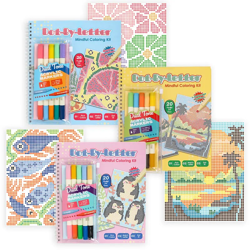 🎨📖Dot-By-Letter Mindful Coloring Kit - Stress Relief Dot Marker Art Set with 10 Vibrant Colors & 20 Hidden Scene
