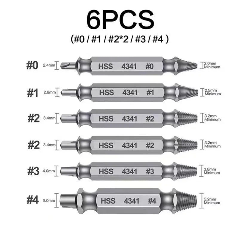 Stripped & Broken Screw Remover Set – 6 Pcs Easy Out Bolt Extractor, Double‑Head Design for Damaged Screws