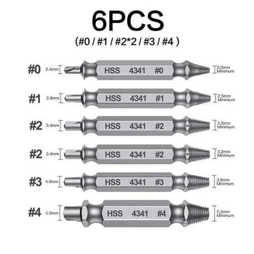 Stripped & Broken Screw Remover Set – 6 Pcs Easy Out Bolt Extractor, Double‑Head Design for Damaged Screws