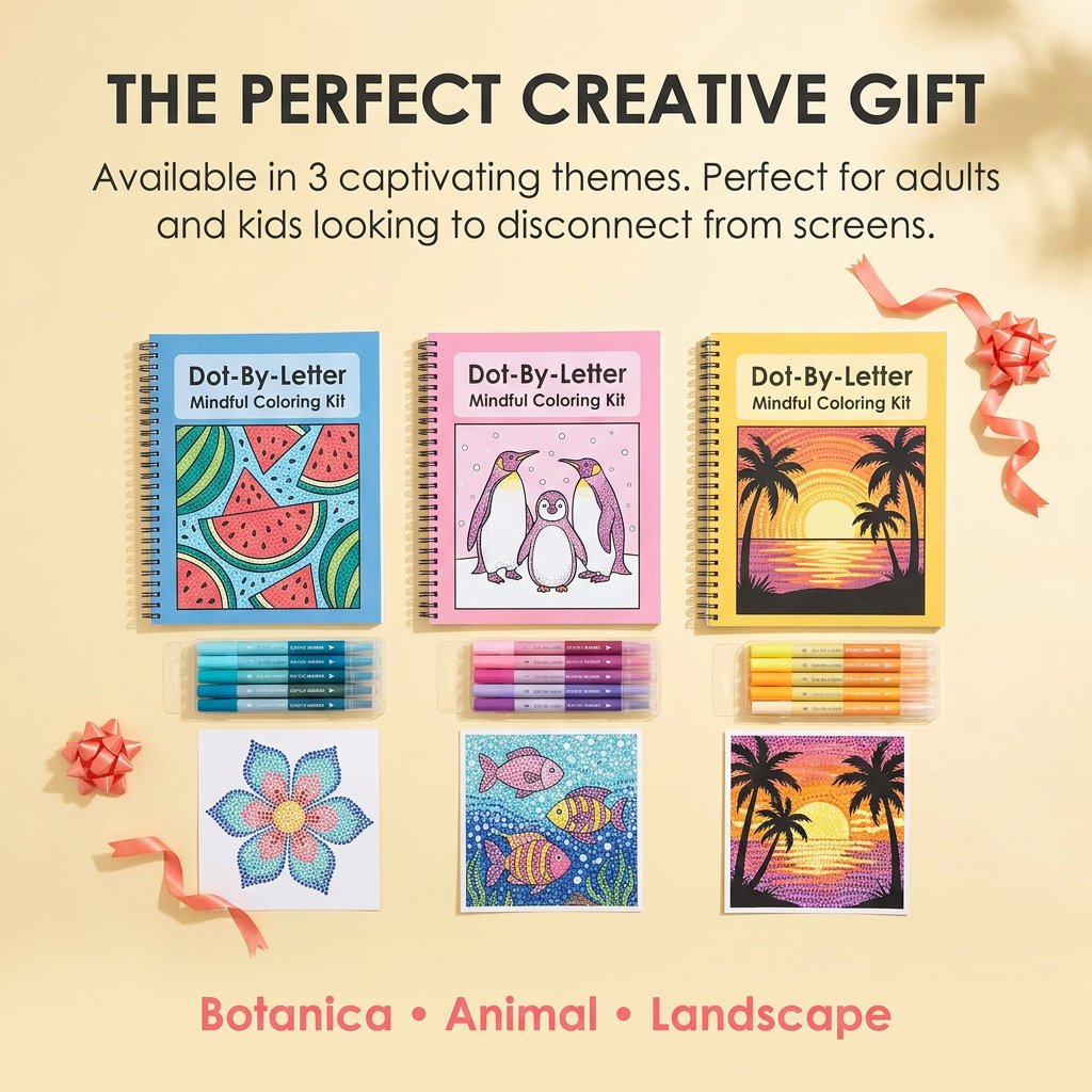 🎨📖Dot-By-Letter Mindful Coloring Kit - Stress Relief Dot Marker Art Set with 10 Vibrant Colors & 20 Hidden Scene