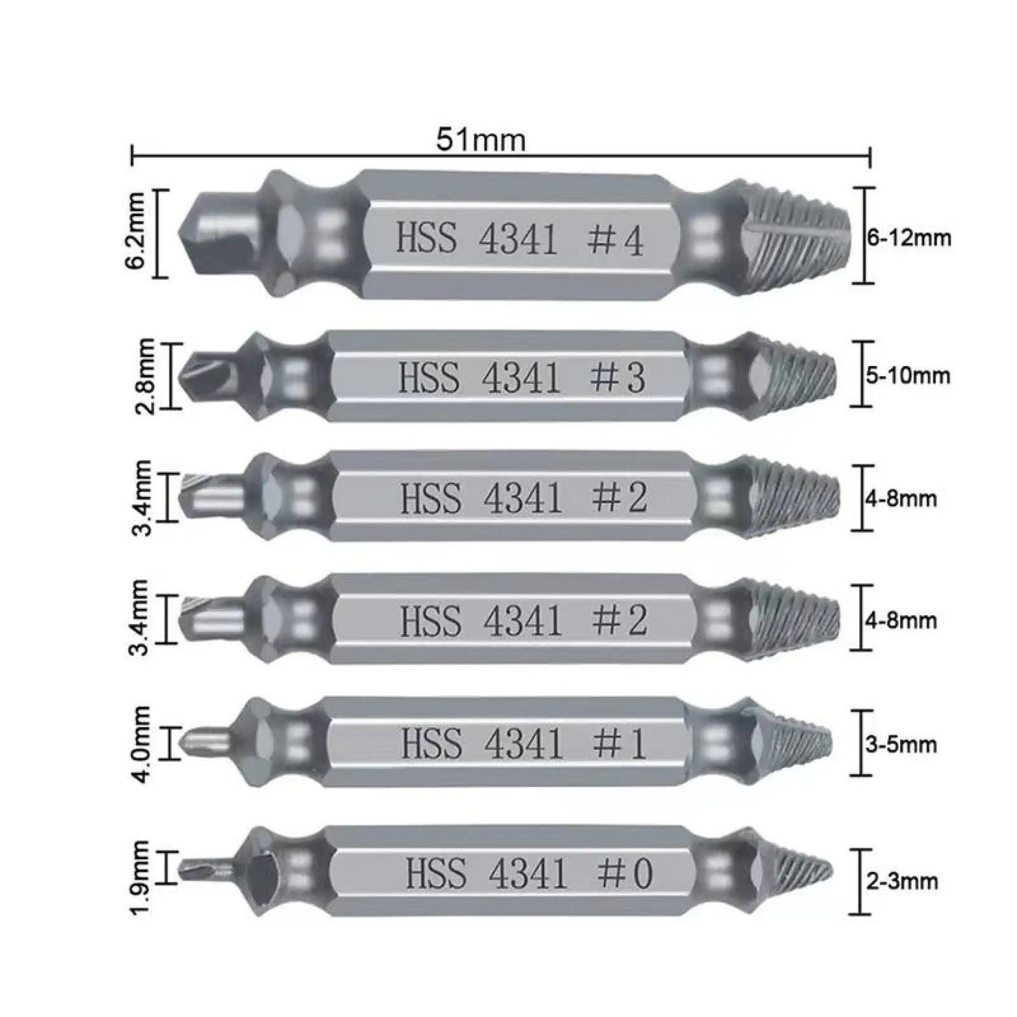Stripped & Broken Screw Remover Set – 6 Pcs Easy Out Bolt Extractor, Double‑Head Design for Damaged Screws