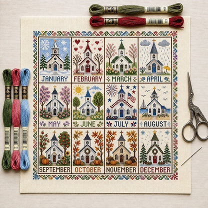 🏡 12-Month Seasons & Holidays Cross Stitch Kit — Relaxing DIY Craft Project for Beginners & Craft Lovers