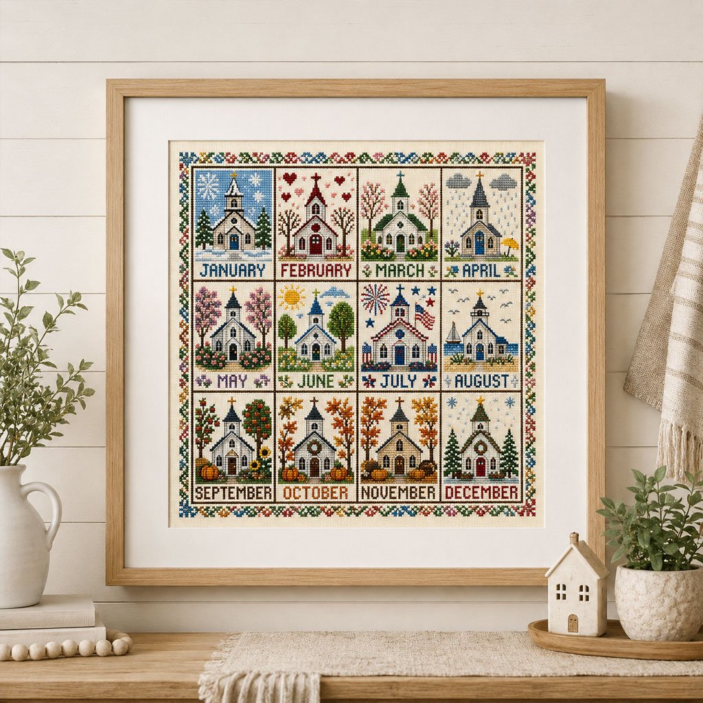 🏡 12-Month Seasons & Holidays Cross Stitch Kit — Relaxing DIY Craft Project for Beginners & Craft Lovers