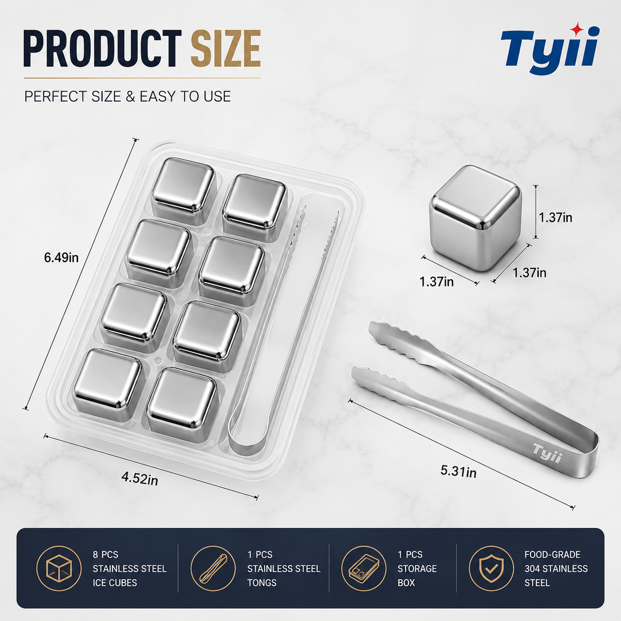 8PCS Stainless Steel Whiskey Stones – Reusable Metal Ice Cubes with Tongs
