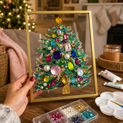 🎄 DIY Jeweled Christmas Tree Art Kit | Colorful Gems, Pearls, Paints & Gold-Tone Floating Display Frame 💎✨