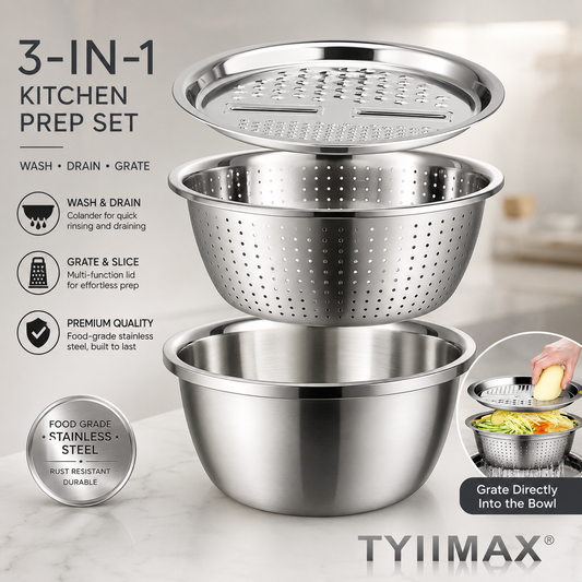 3-in-1 Stainless Steel Kitchen Prep Set – Mixing Bowl, Colander & Multi-Blade Grater for Washing, Draining & Slicing Vegetables