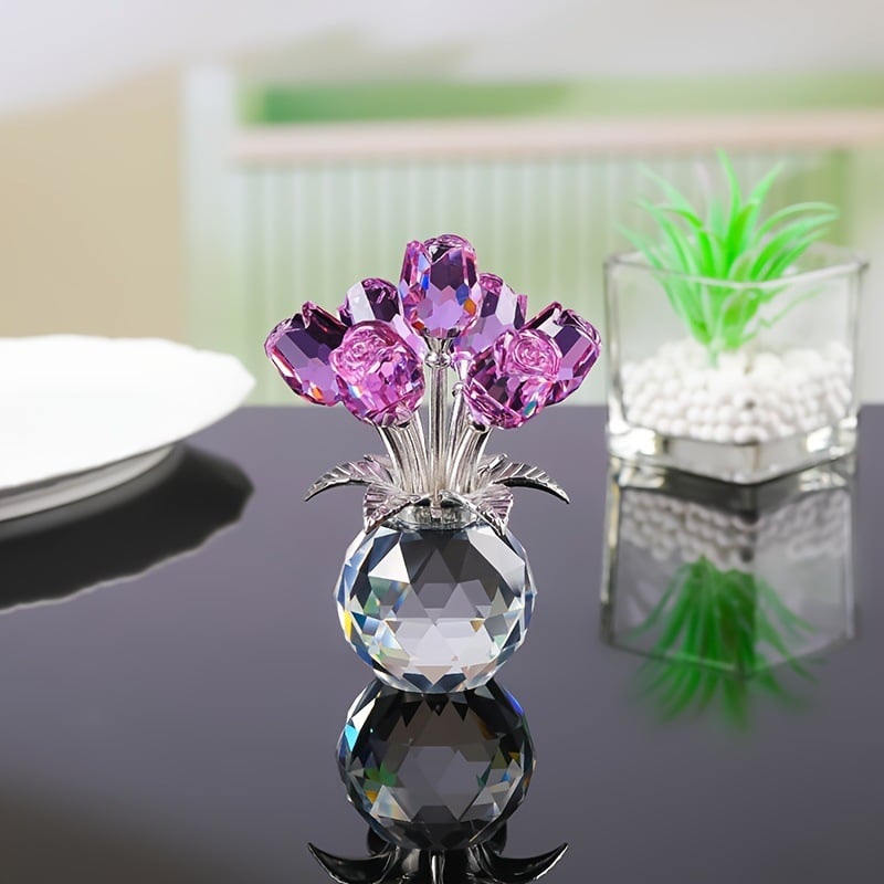 🎁Mother's Day Sale❤️ Crystal Colourful Rose Flower Collectible Figurine with Vase