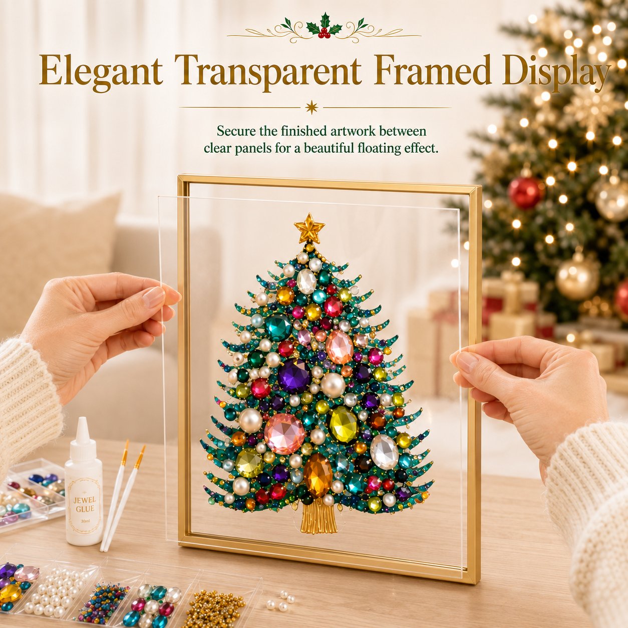 🎄 DIY Jeweled Christmas Tree Art Kit | Colorful Gems, Pearls, Paints & Gold-Tone Floating Display Frame 💎✨