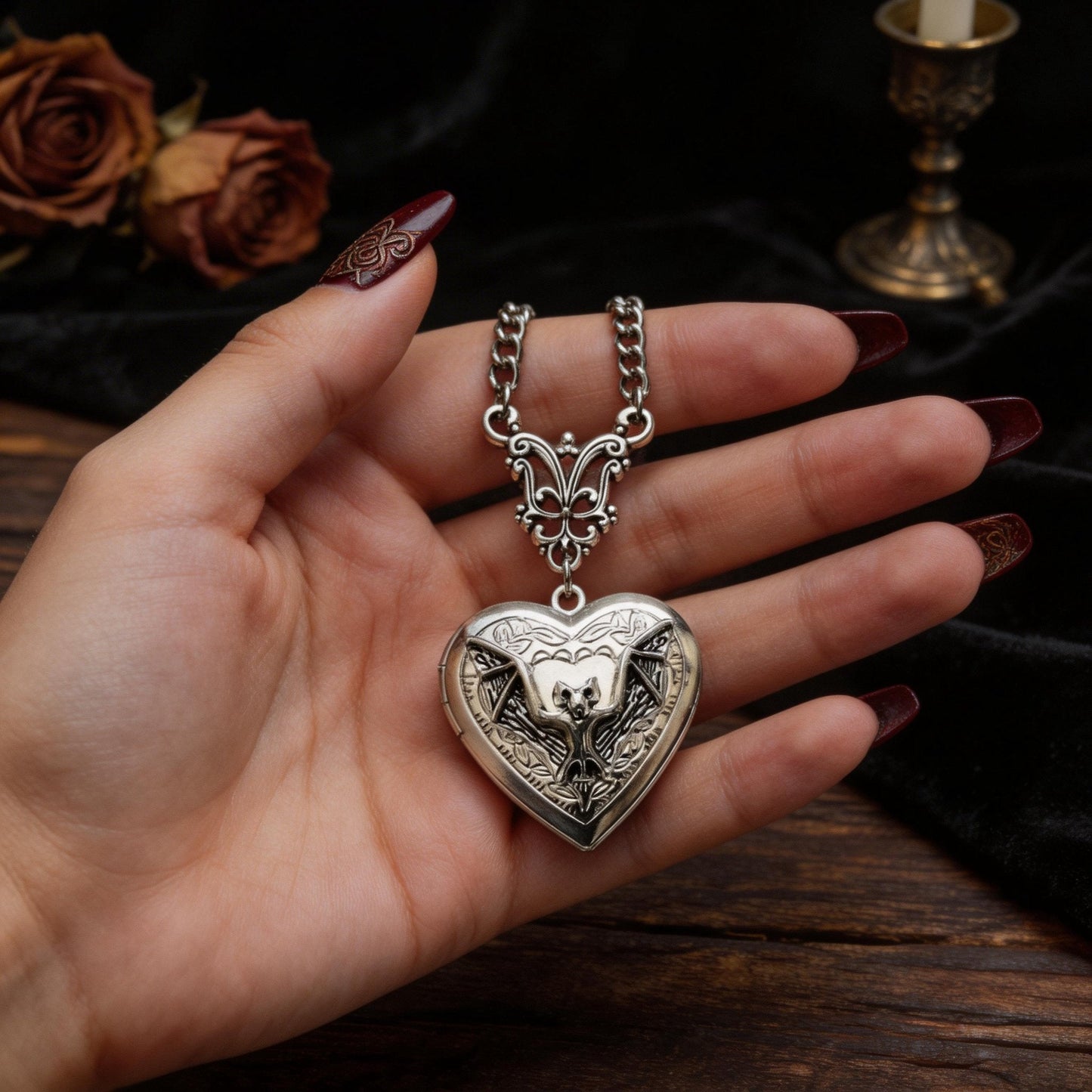 Gothic Bat Heart Locket – Vintage Necklace for Witchy Girls