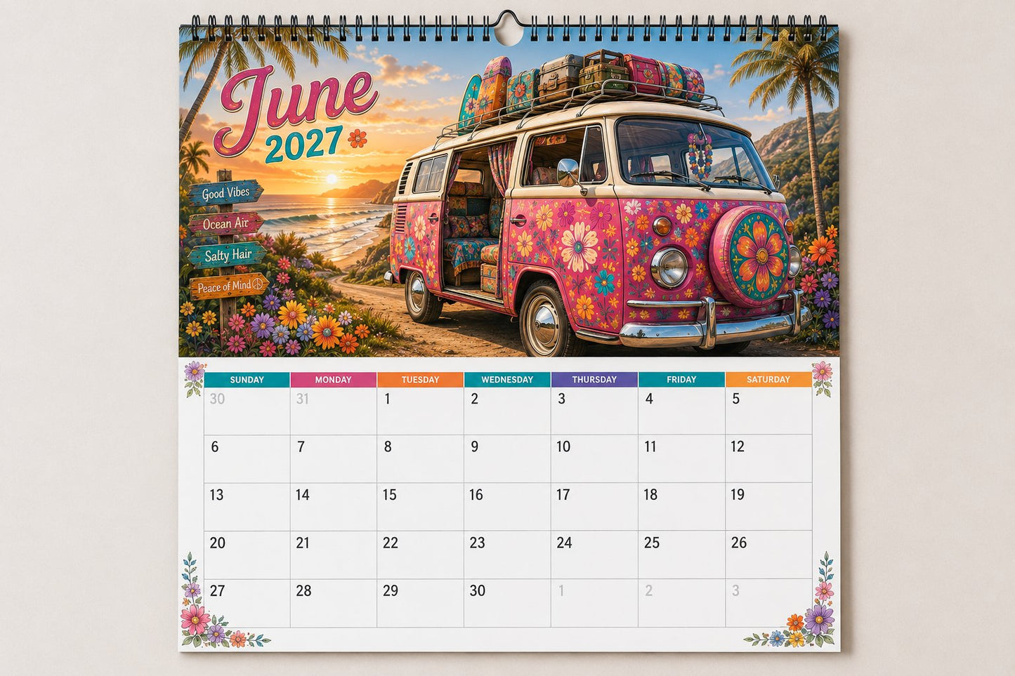 🌼 2027 Hippie Boho Wall Calendar – Retro Road Trip Calendar