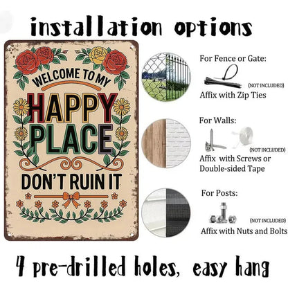 Vintage Metal Sign – "Welcome To My Happy Place Don't Ruin It" Wall Decor