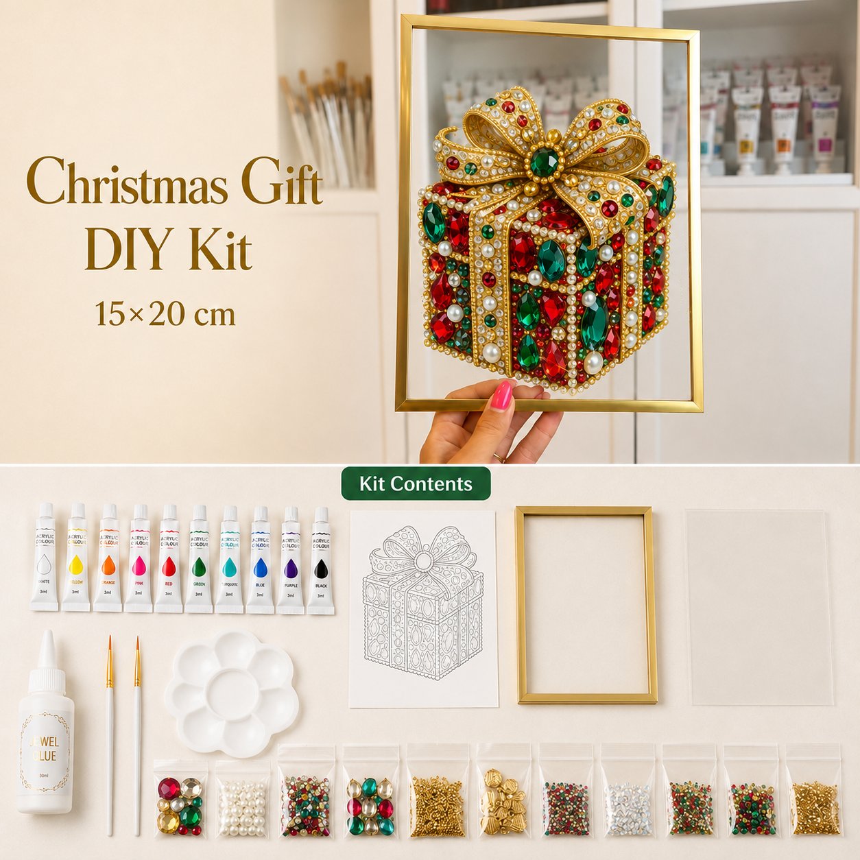 🎄 DIY Jeweled Christmas Tree Art Kit | Colorful Gems, Pearls, Paints & Gold-Tone Floating Display Frame 💎✨