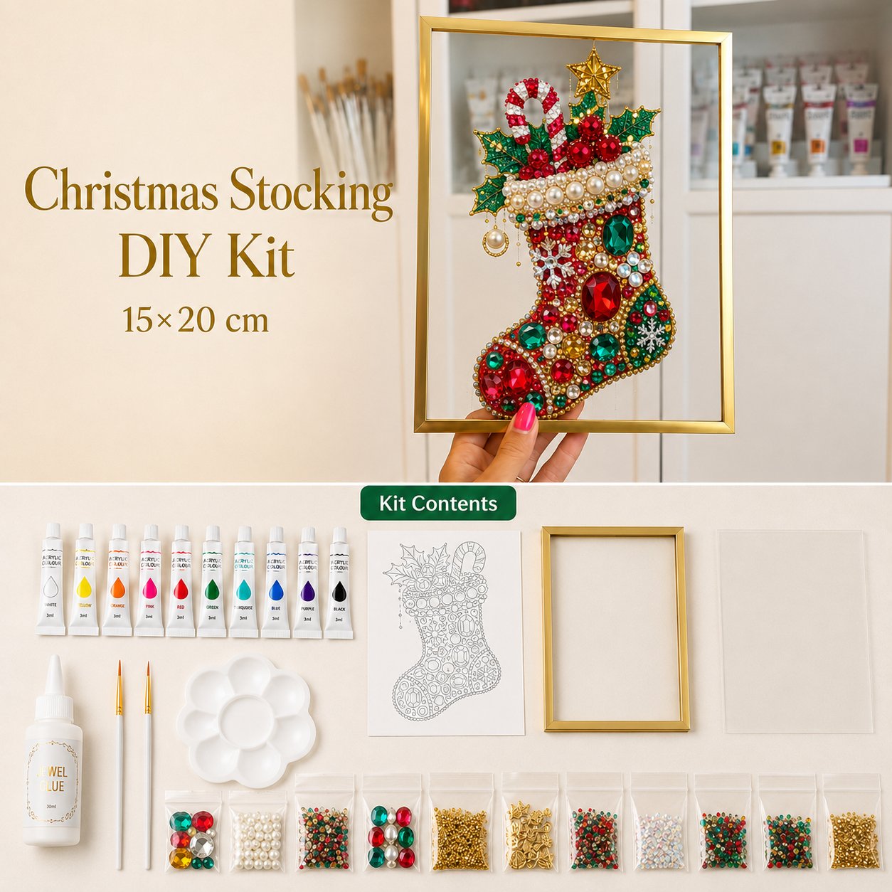 🎄 DIY Jeweled Christmas Tree Art Kit | Colorful Gems, Pearls, Paints & Gold-Tone Floating Display Frame 💎✨
