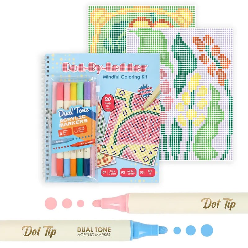 🎨📖Dot-By-Letter Mindful Coloring Kit - Stress Relief Dot Marker Art Set with 10 Vibrant Colors & 20 Hidden Scene