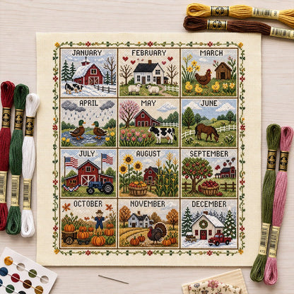 🏡 12-Month Seasons & Holidays Cross Stitch Kit — Relaxing DIY Craft Project for Beginners & Craft Lovers