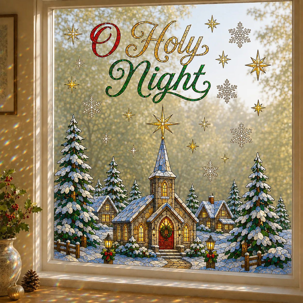 ✨ Holographic Christmas Window Cling – Sparkling Stained Glass Style Window Decoration