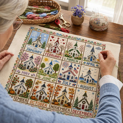 🏡 12-Month Seasons & Holidays Cross Stitch Kit — Relaxing DIY Craft Project for Beginners & Craft Lovers