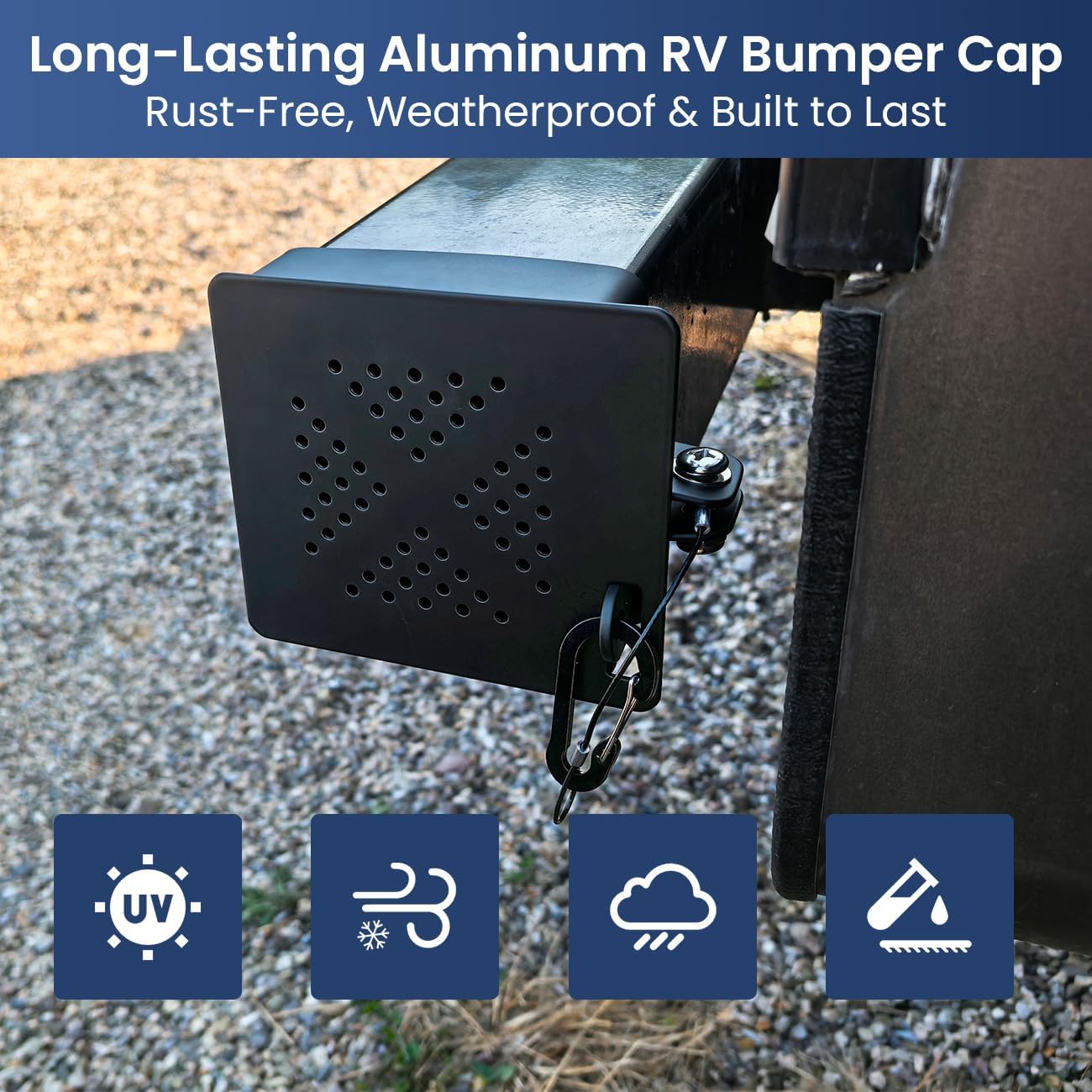 Aluminum RV Bumper End Cap- Fits Standard 4-Inch Square Camper Bumpers, No-Insect Vent Holes, Secure Sewer Hose Storage, Must-Have Travel Trailer Accessories