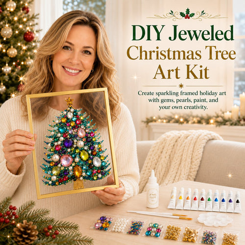 🎄 DIY Jeweled Christmas Tree Art Kit | Colorful Gems, Pearls, Paints & Gold-Tone Floating Display Frame 💎✨