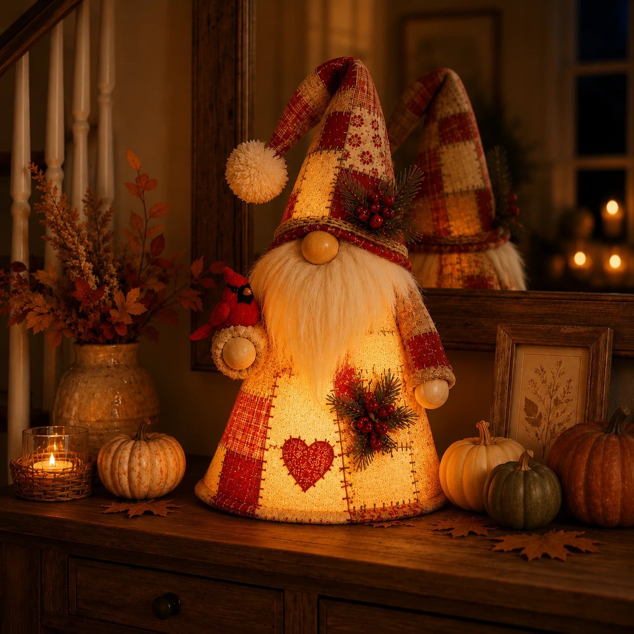 🐦 Patchwork Bird Gnome Light Collection | Warm Glowing Tabletop Decor with Farmhouse Patchwork Details for Mantels, Shelves & Holiday Gifts ✨