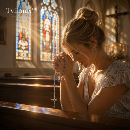 TYIIMAX™ Ocean Blue Crystal Rosary Necklace with Prayer Case – Catholic Glass Bead Rosary Gift